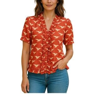 Ruffle Front Bird Print Blouse Sheer Womens M Cottage Boho Feminine Novelty Fun